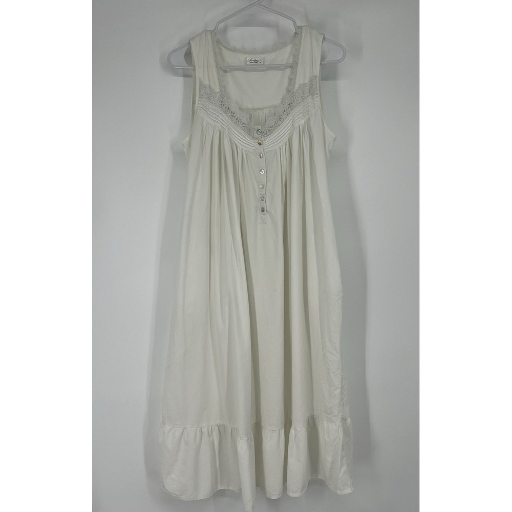 Traditional Size Med White Cotton Lace Trim Sleeveless Cottage Nightgown Pocket
